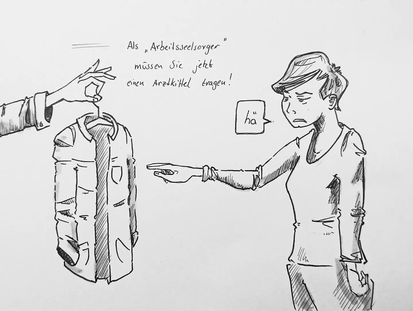 Wer braucht schon Psychologen, daß können Sie gleich mit erledigen. #mitkittelfühltmansichgleichvielwichtiger #kopfprojekt #sketchbook #sozialarbeiter #dieweltistamarsch