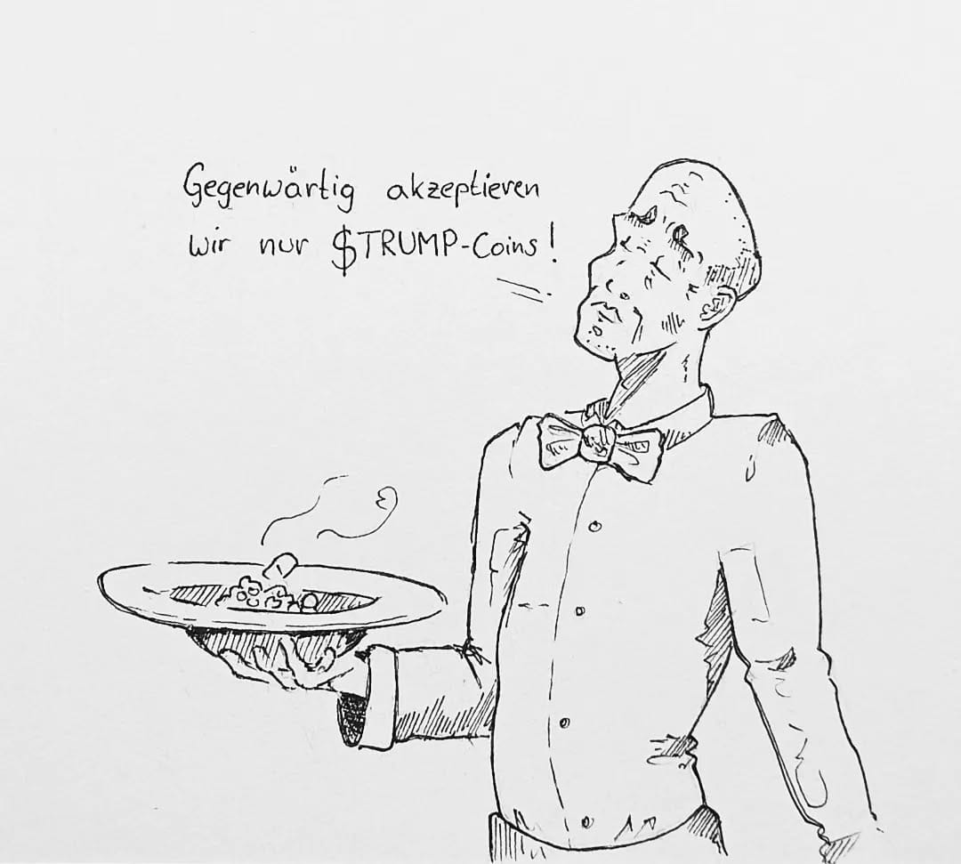 Heute lädt der Arbeitgeber zum dîner, bin gespannt was er zur neuen Zahlungsmodalität sagt! #trumpcoin #kopfprojekt #blog #life #diary #tagebuch #zettelfan #zeichnen #zeichnung #bildchen #skizze #skribble #scribble #kritzelei #comic #drawing #illustration #painting #artbook #sketch #sketchbook #doodle #draft #inkdrawing